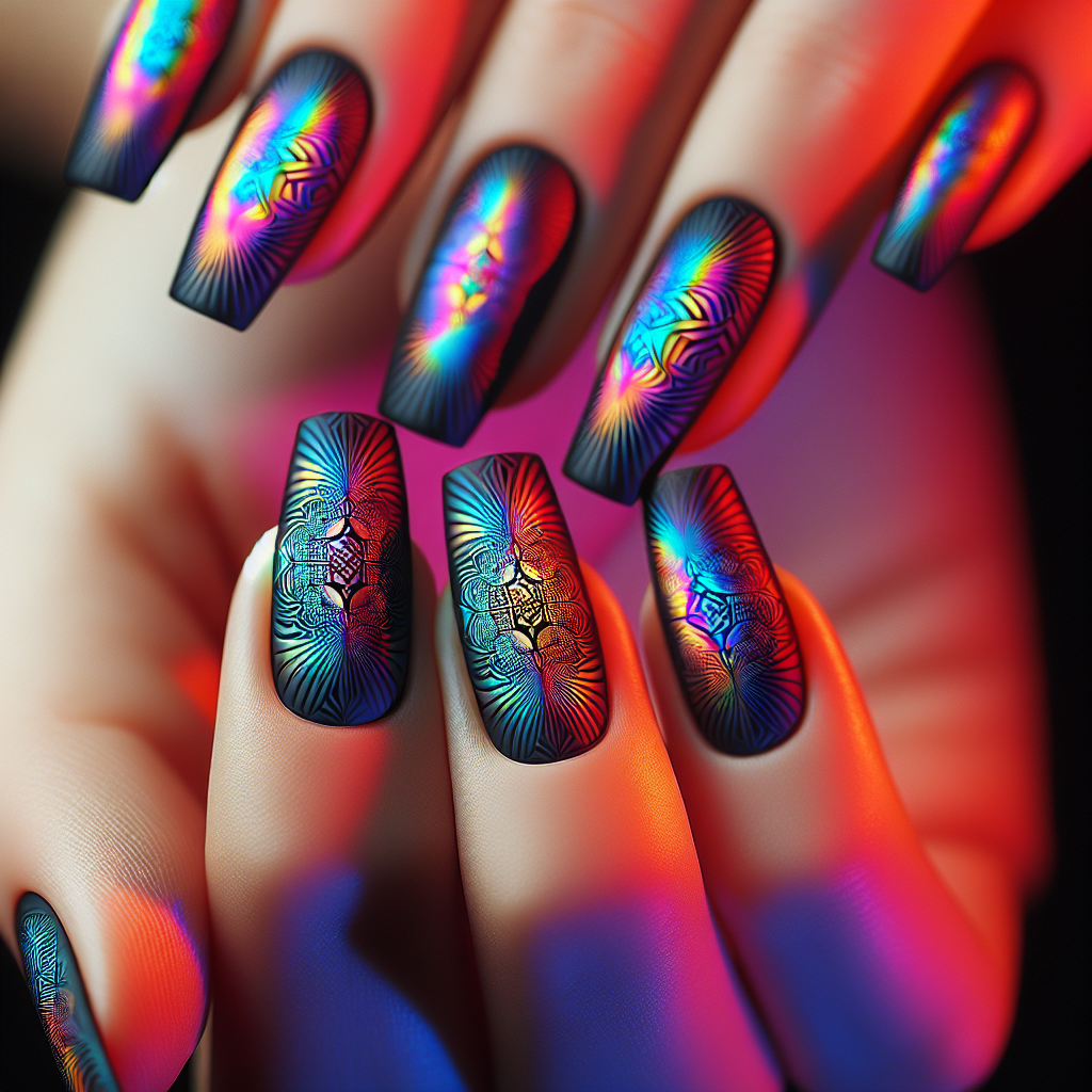 Black Matte Nails with Holographic Patterns