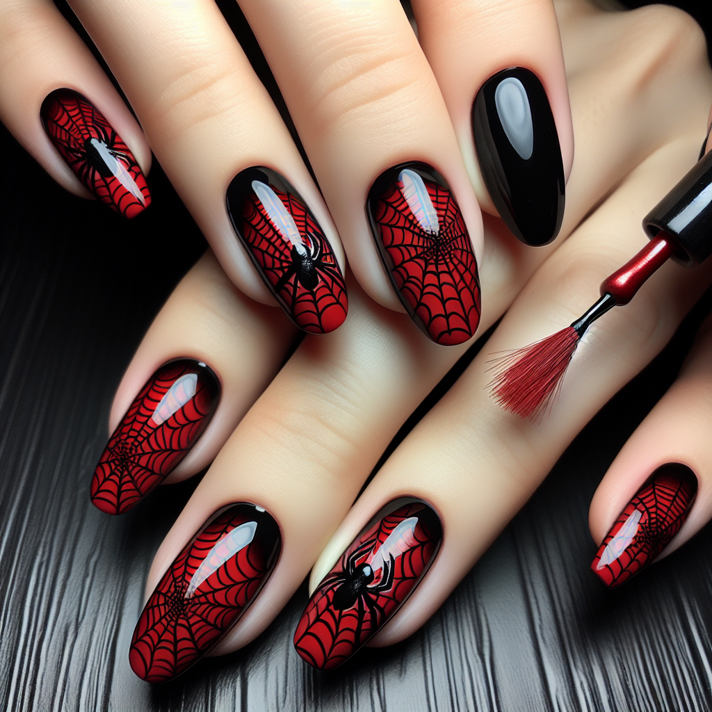 Blood red nails with spiderweb designs