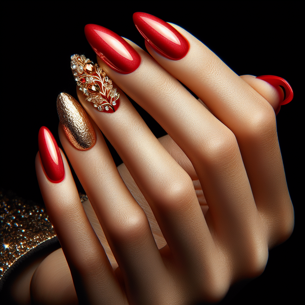 Bright red almond nails with gold cuticle