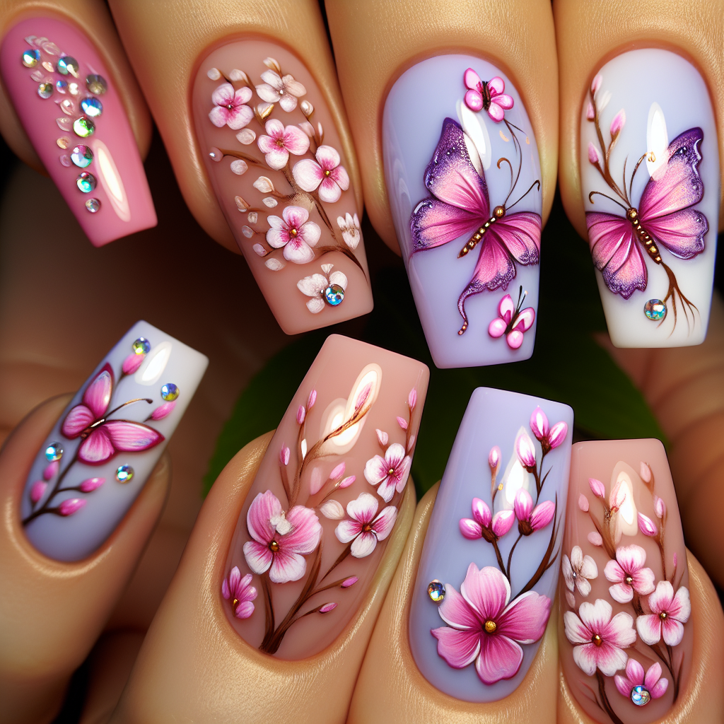 Pastel nails with butterflies, flowers, and rhinestones.