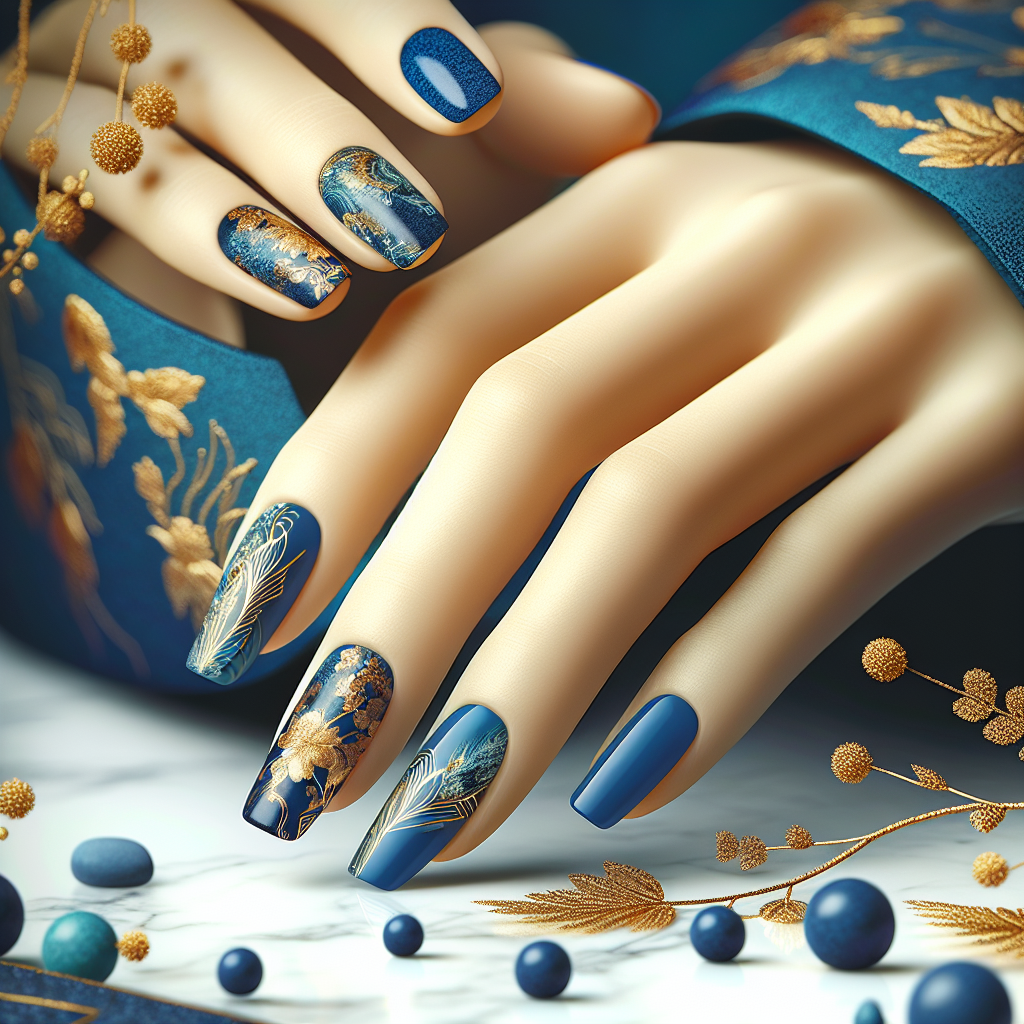 Cerulean blue nails with gold leaf accents.