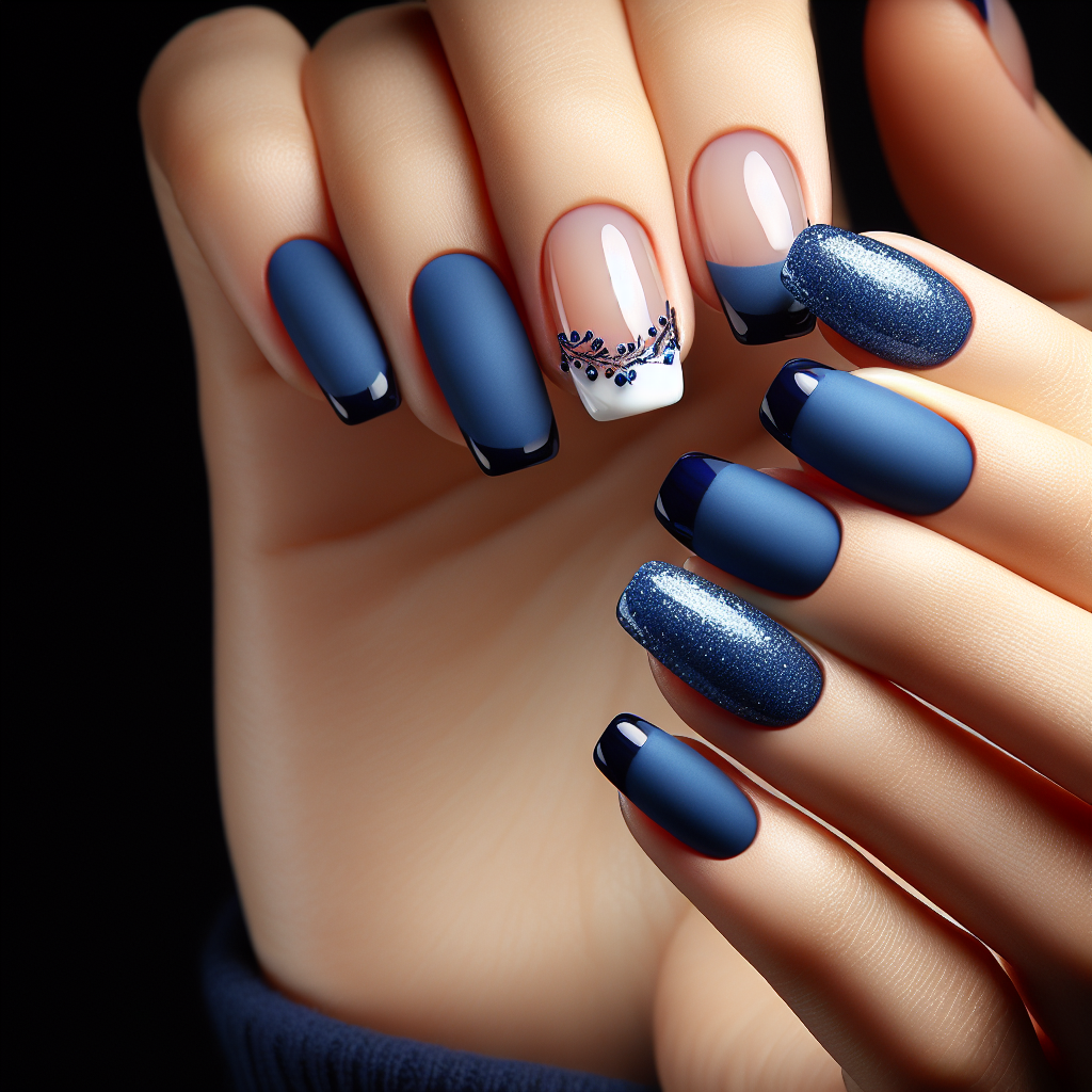 Cobalt blue nails with glossy French tips