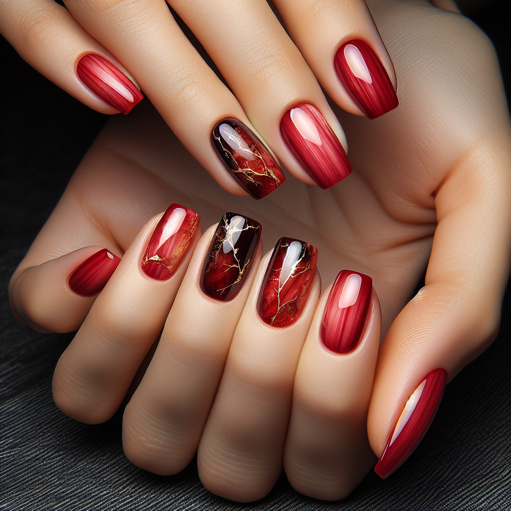 Crimson red nails with gold veins