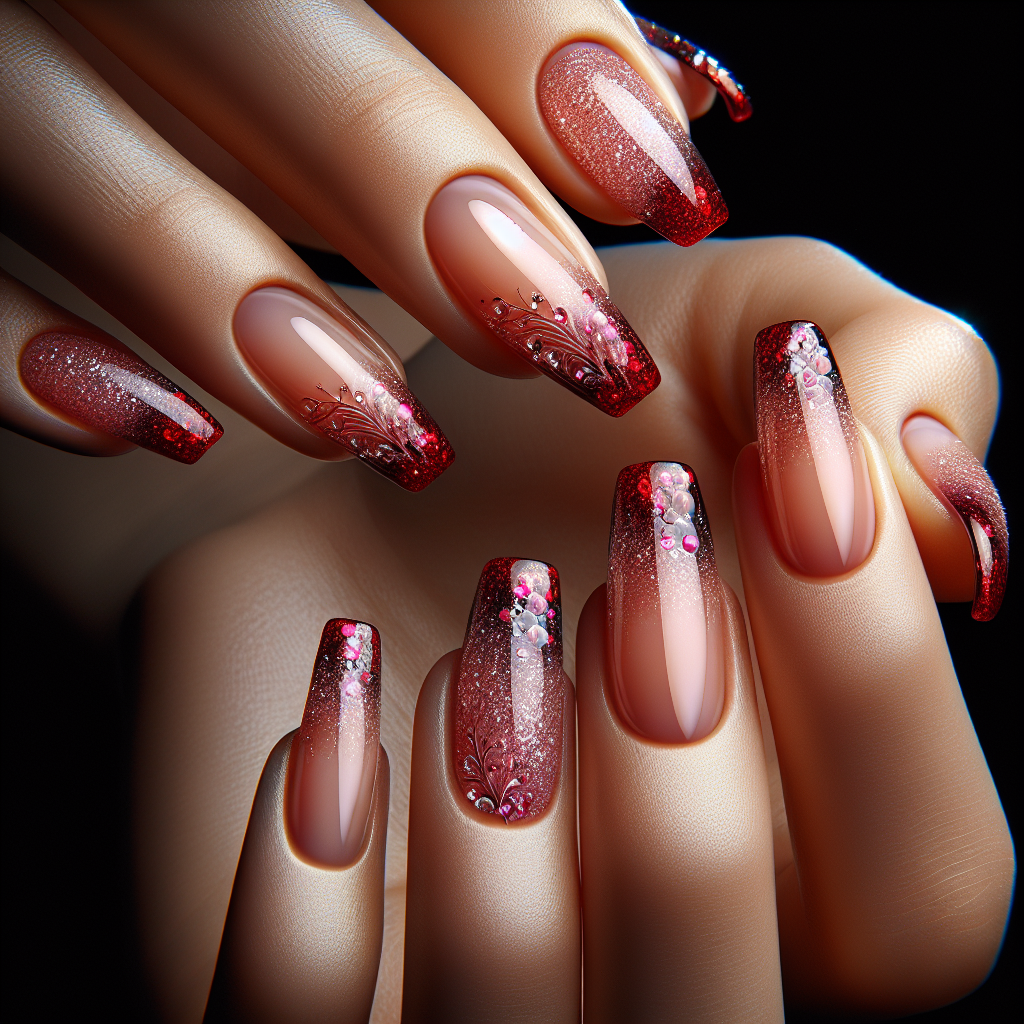 Glittering red tips on sheer pink nails