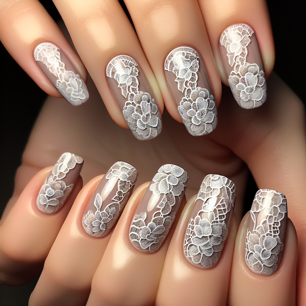 Glossy white nails with lace designs