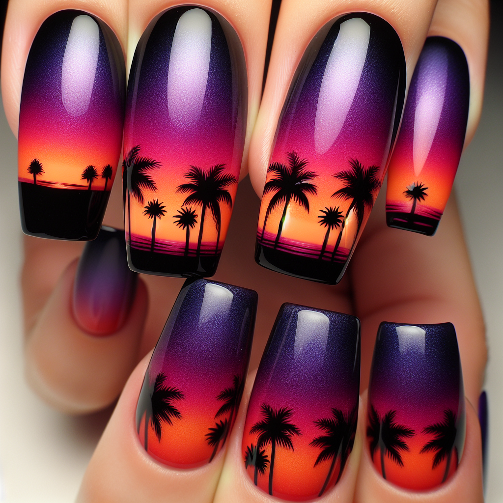 Gradient sunset nails with palm tree silhouettes