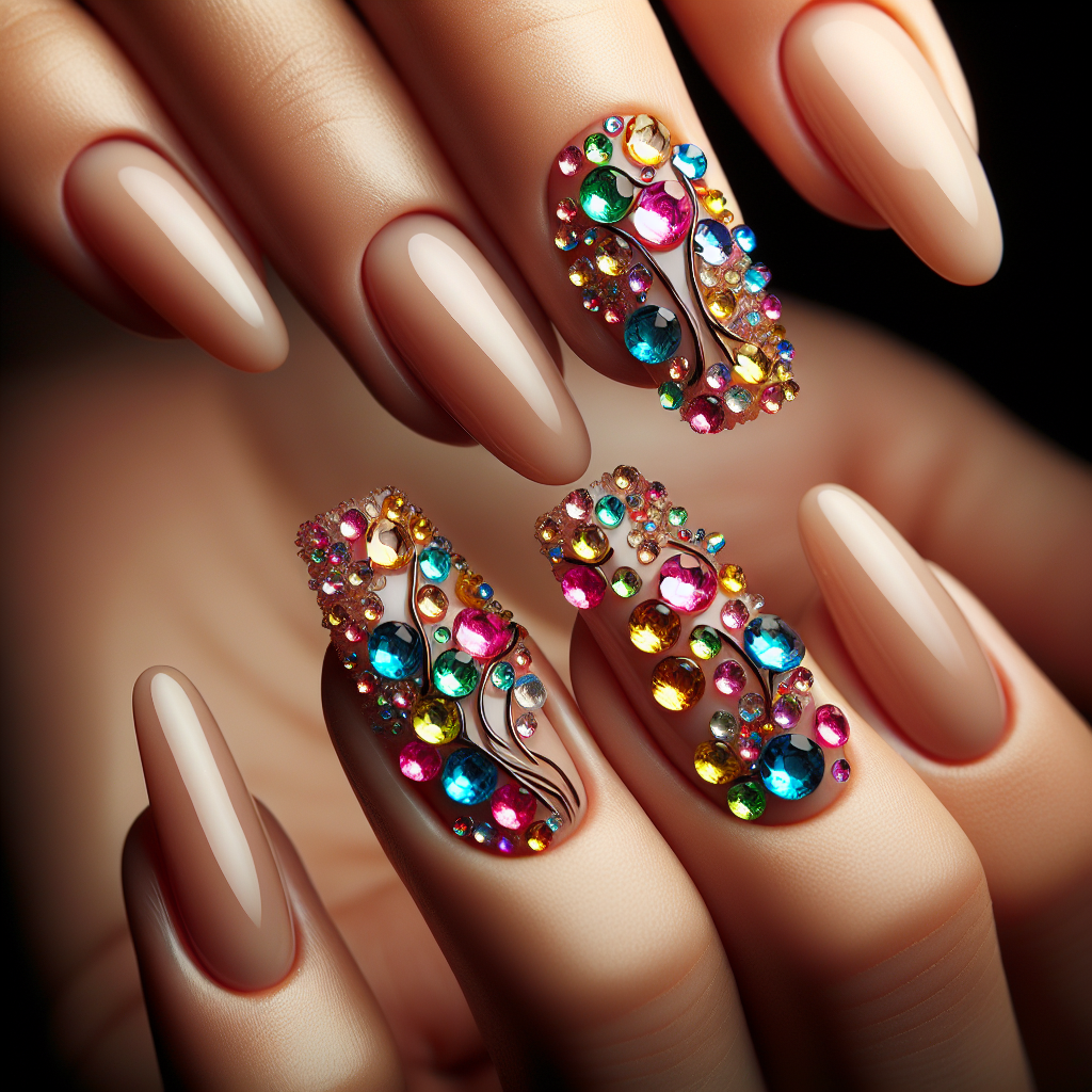 Nude nails with colorful gem embellishments