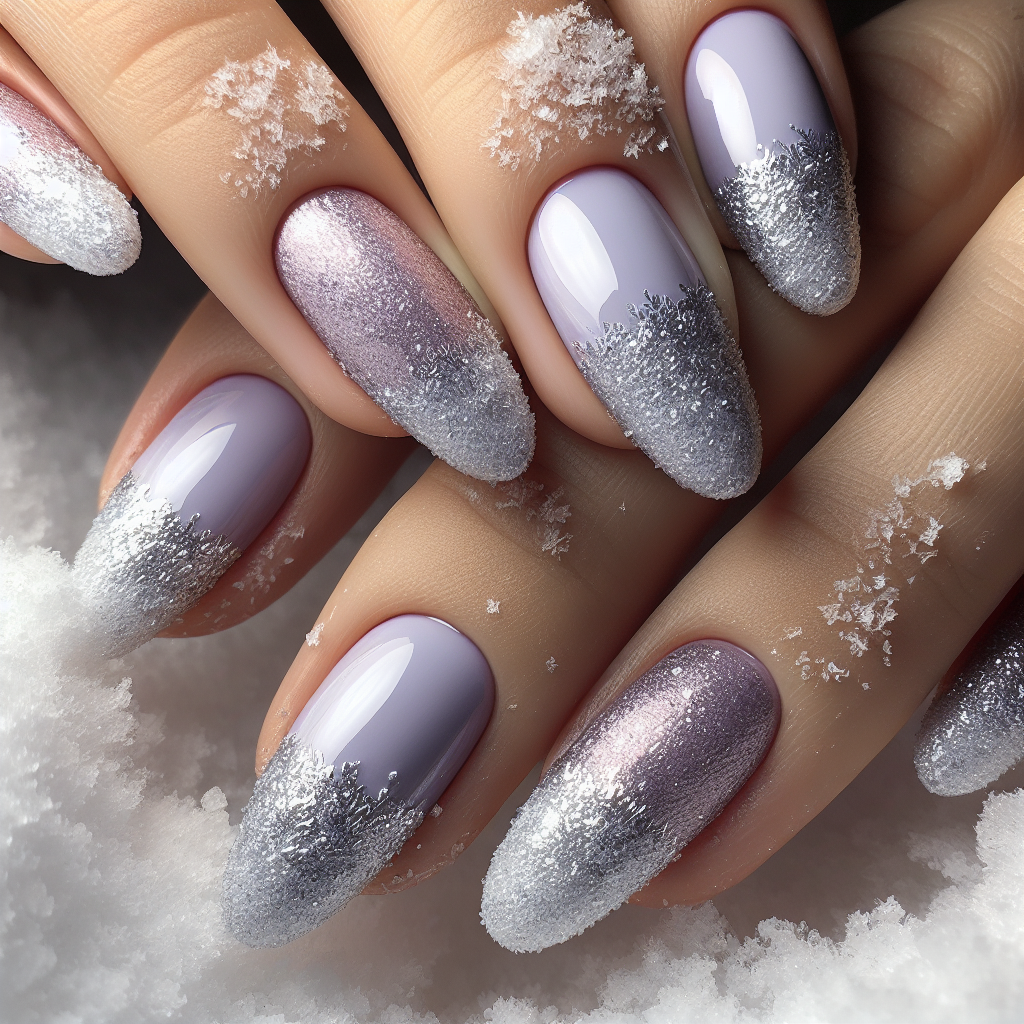 Lavender nails with silver glitter tips