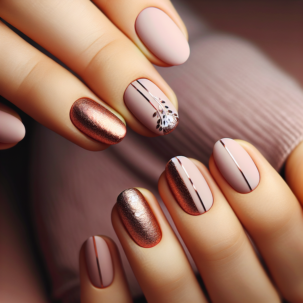 Matte pink nude nails with rose gold stripe