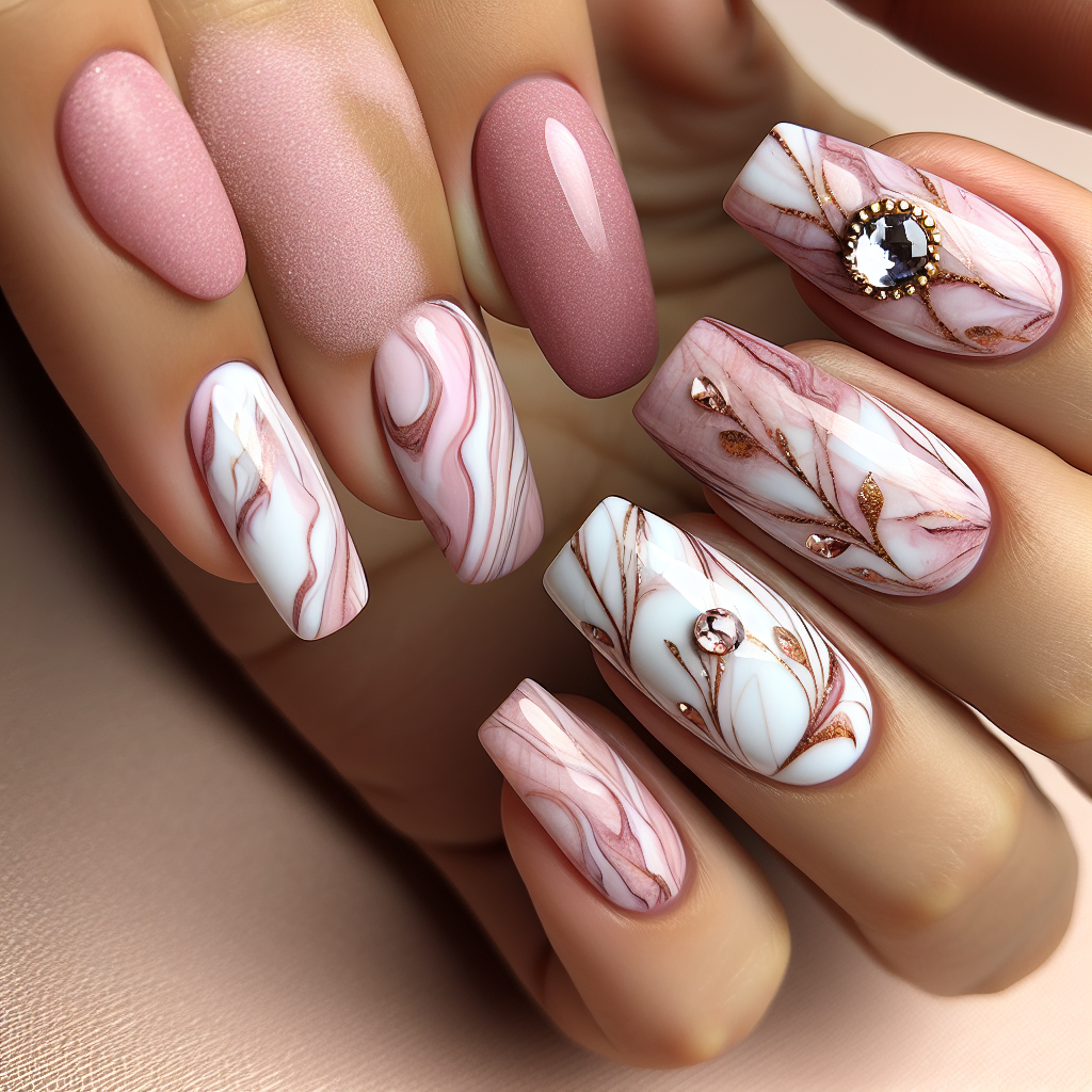 Pink marble nails with gold accents