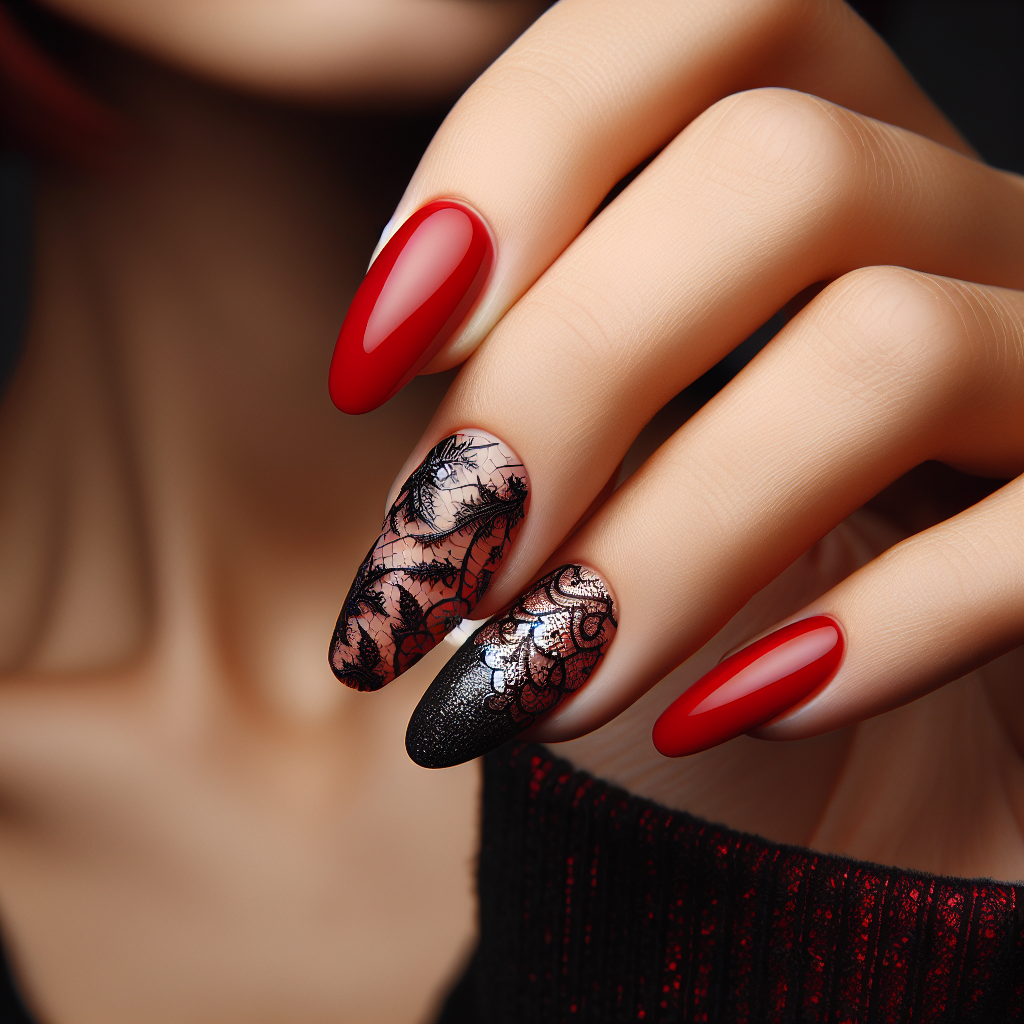 Red coffin nails with black lace accent