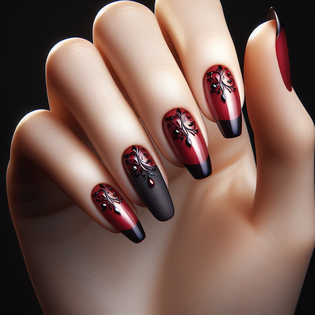 Red nails with black matte tips