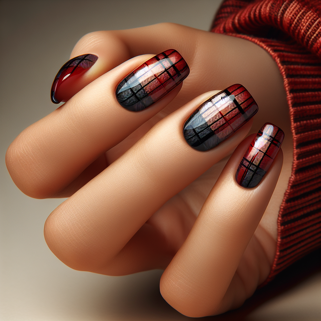 Red nails with black plaid pattern.