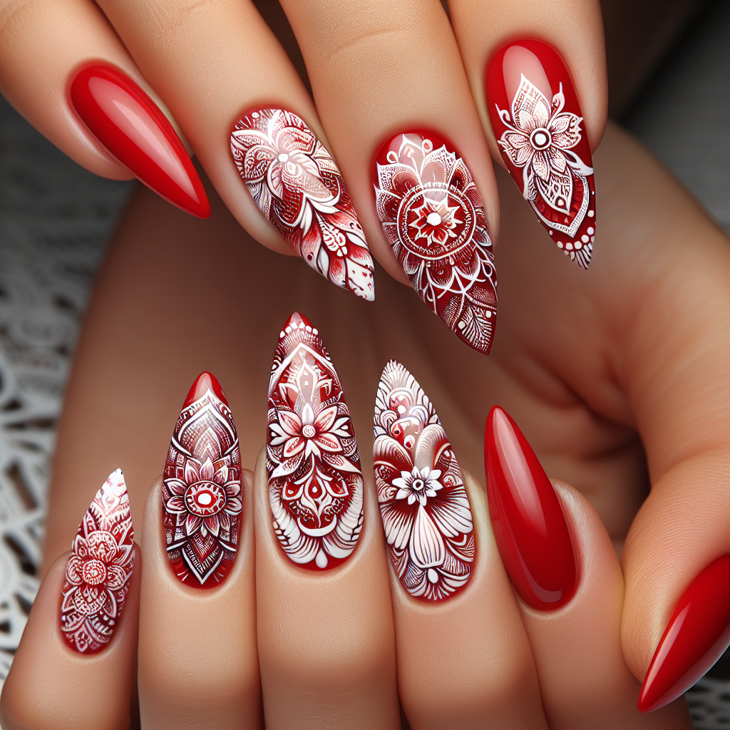 Red stiletto nails with mandala designs