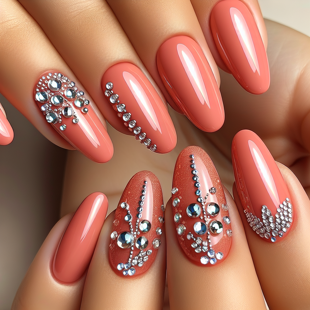 Glossy salmon pink nails with studs