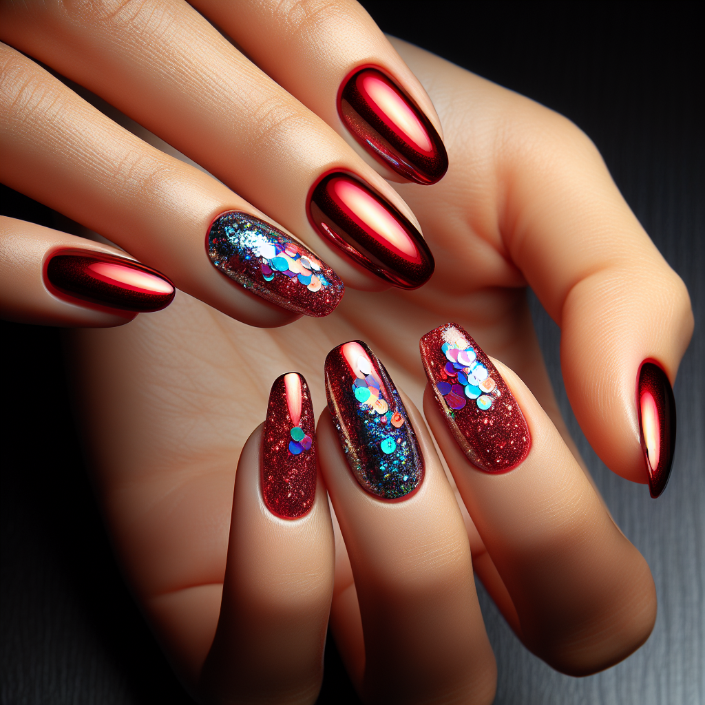 Shiny red nails with holographic sequins