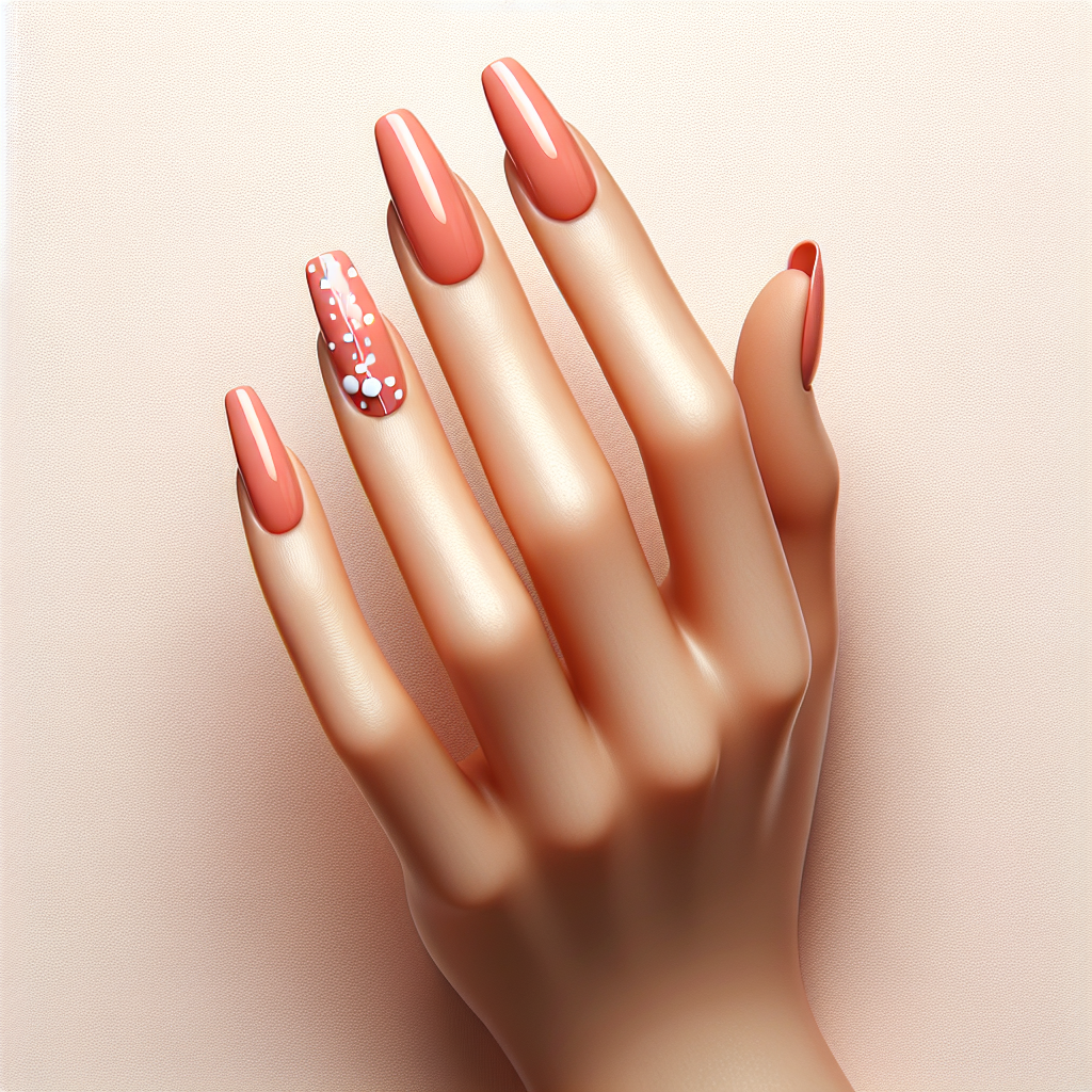 Soft coral nails with polka dots