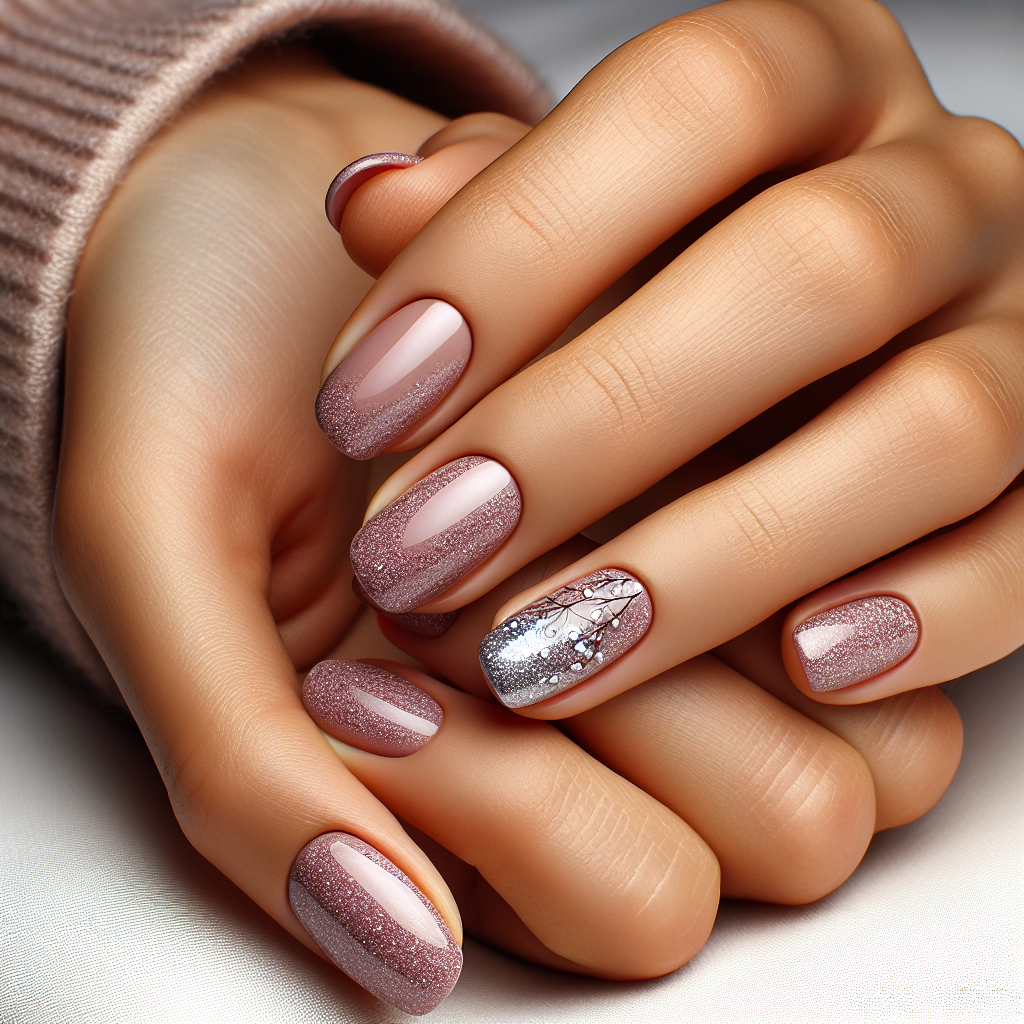 Soft mauve nails with silver flecks