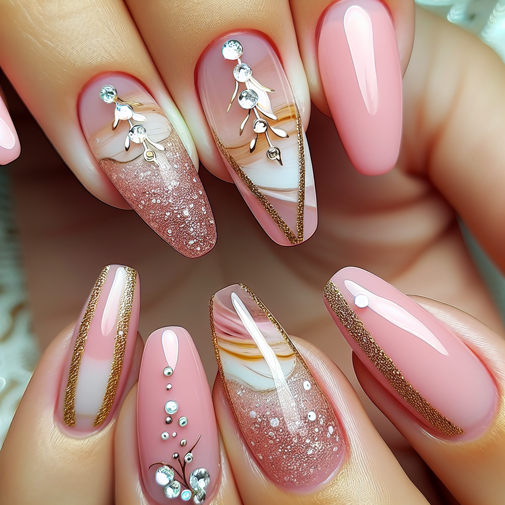 Pastel pink nails with gold and rhinestones.