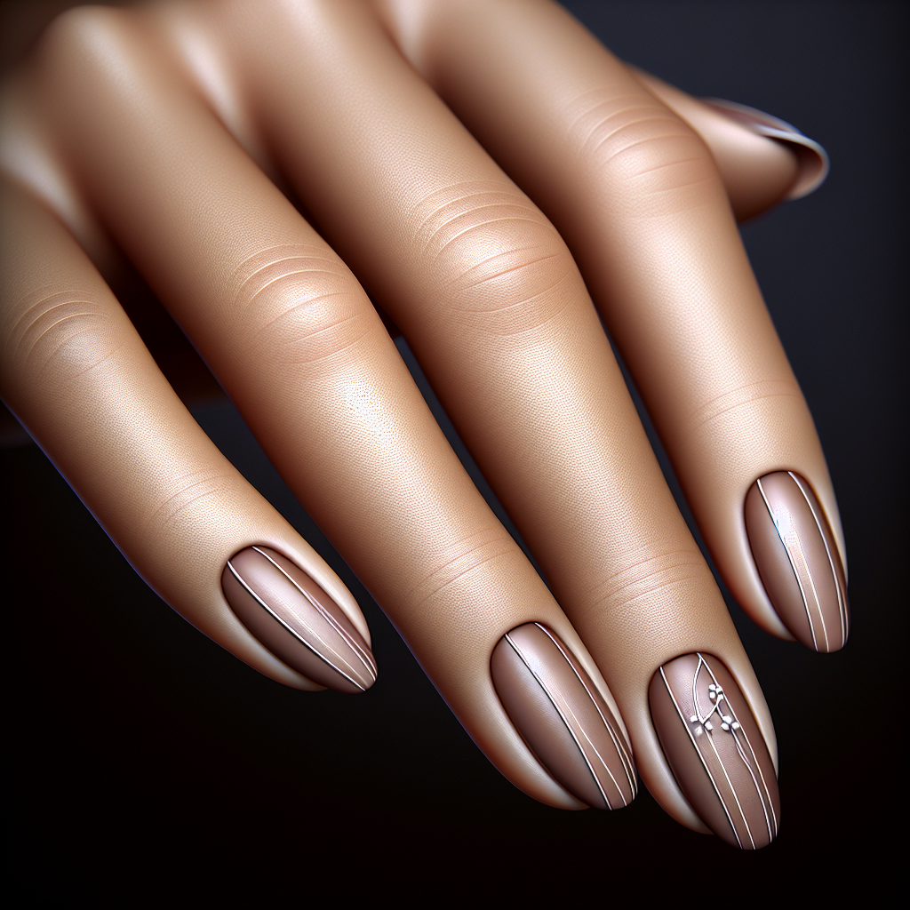 Taupe Nails with White Line Design