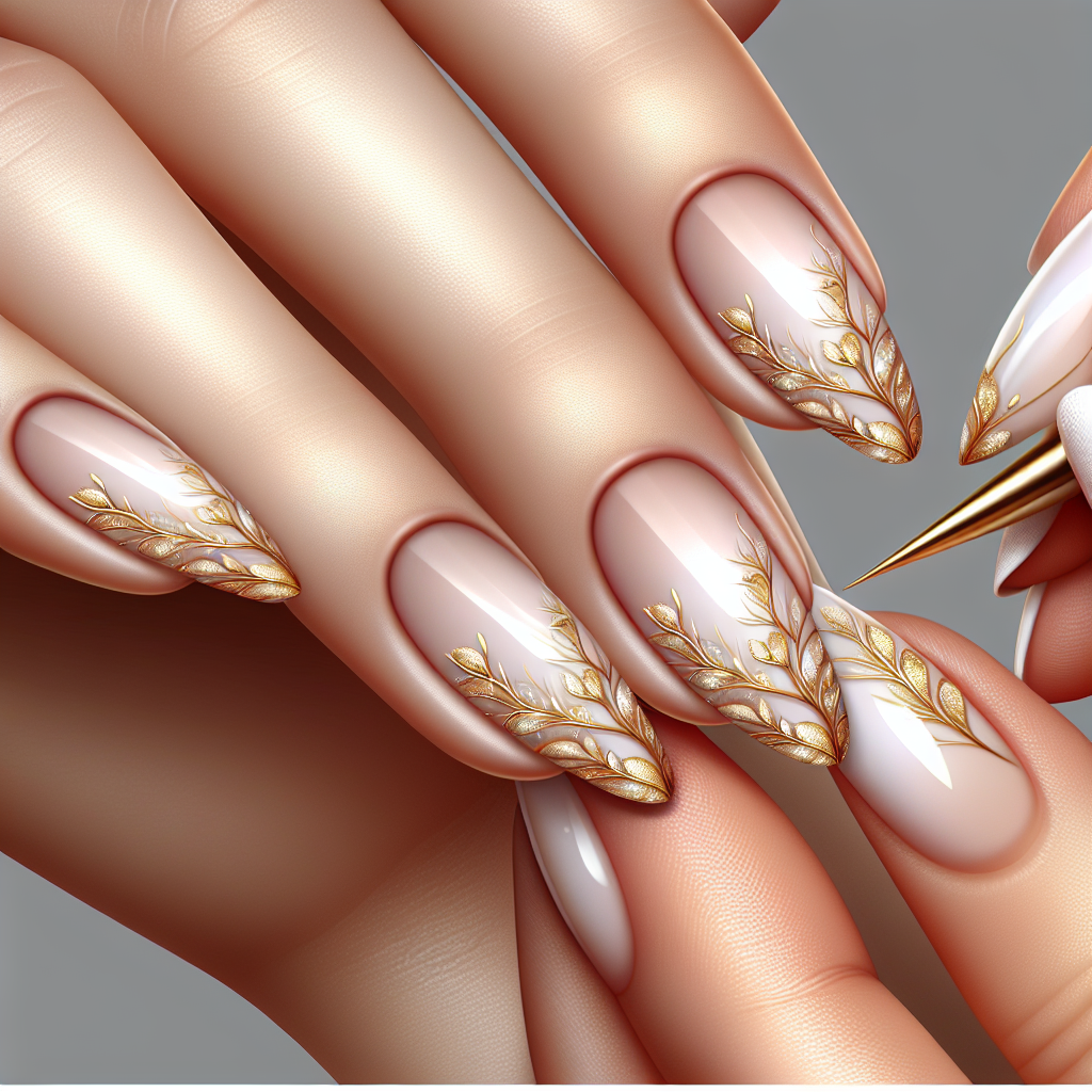 White nails with gold leaf accents