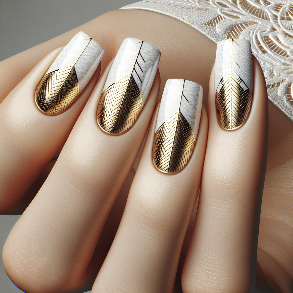 White nails with gold geometric pattern