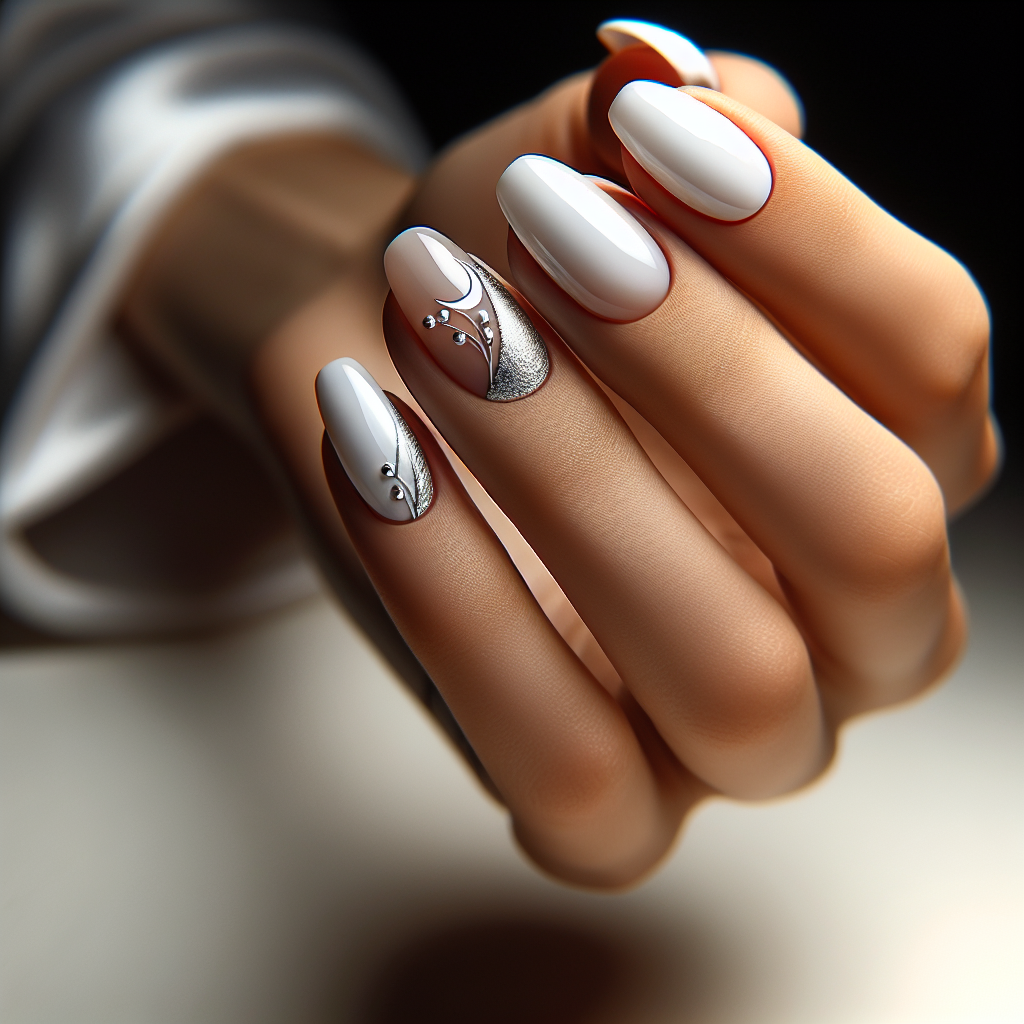 White nails with silver half-moon design