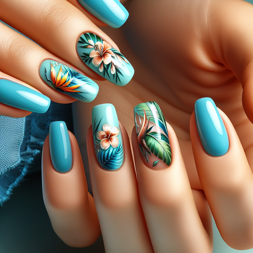 Tropical floral design on aqua blue background.