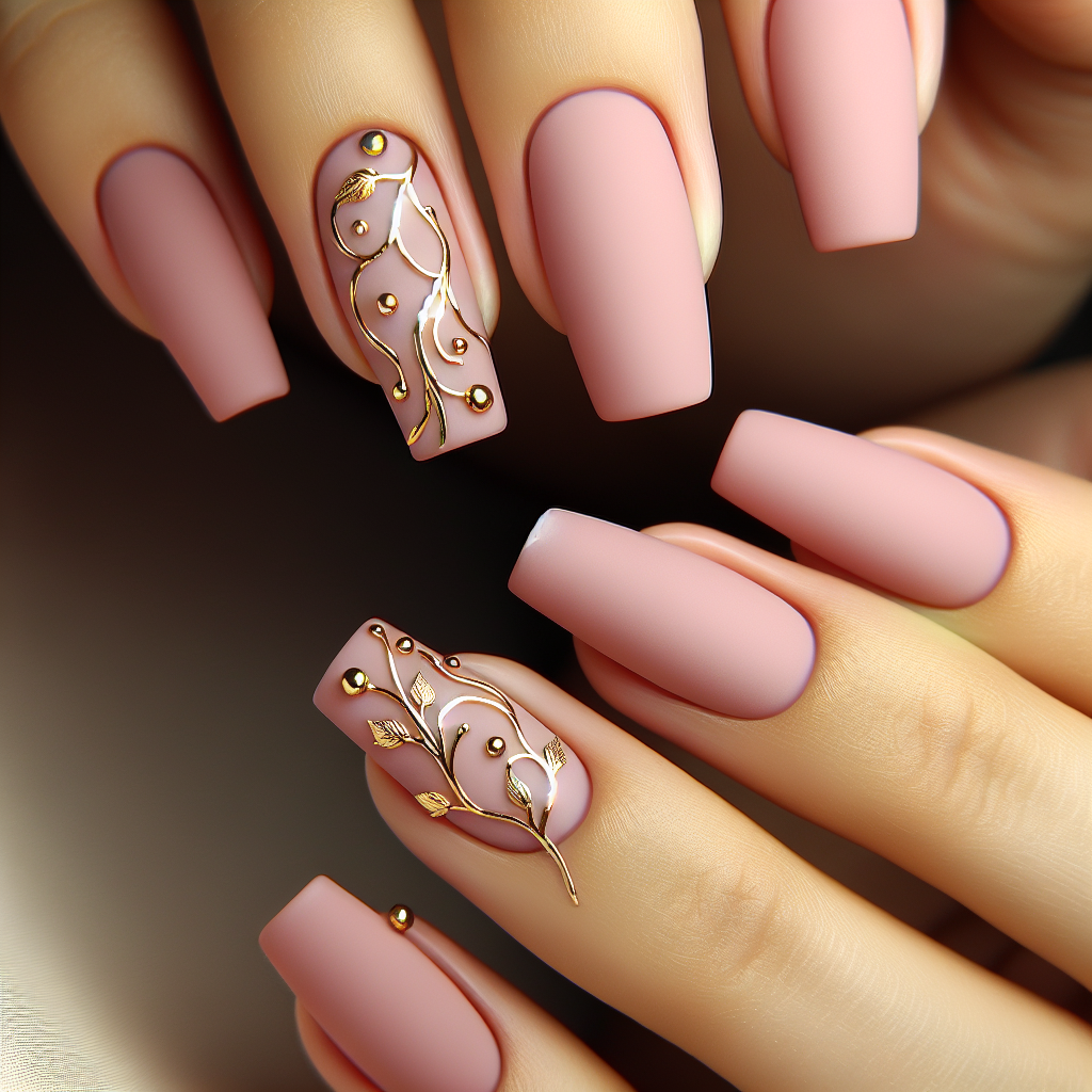 Blush pink nails with gold vine designs.