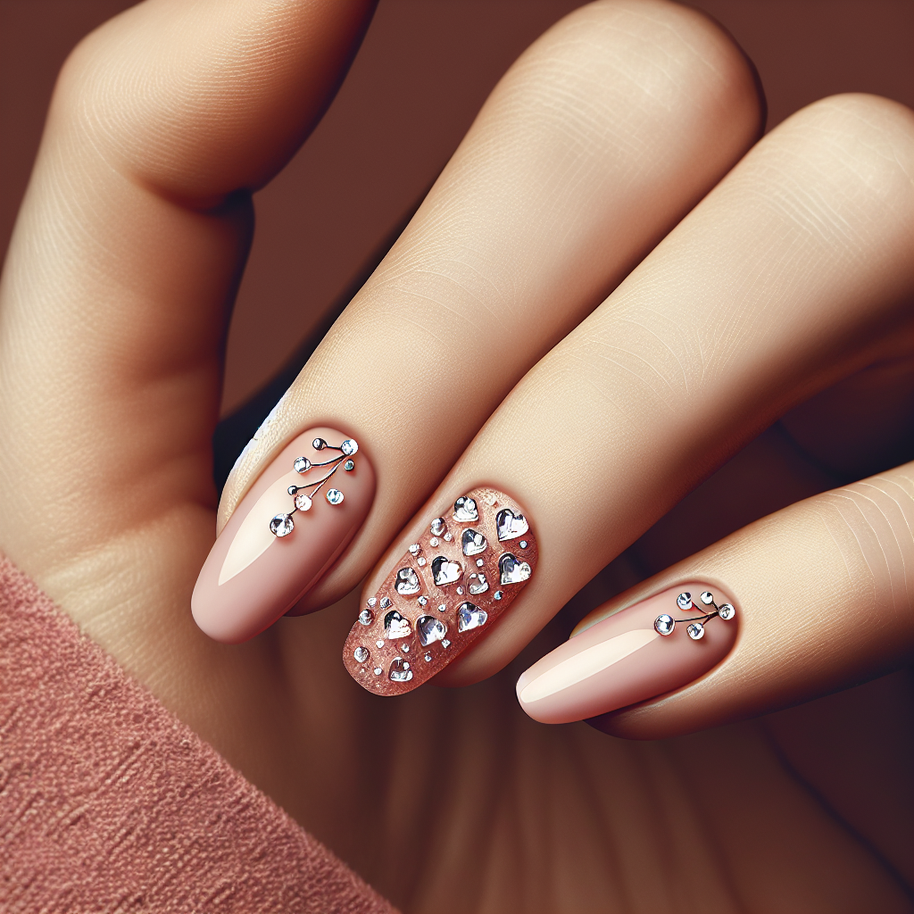 Blush pink nails with rhinestone heart