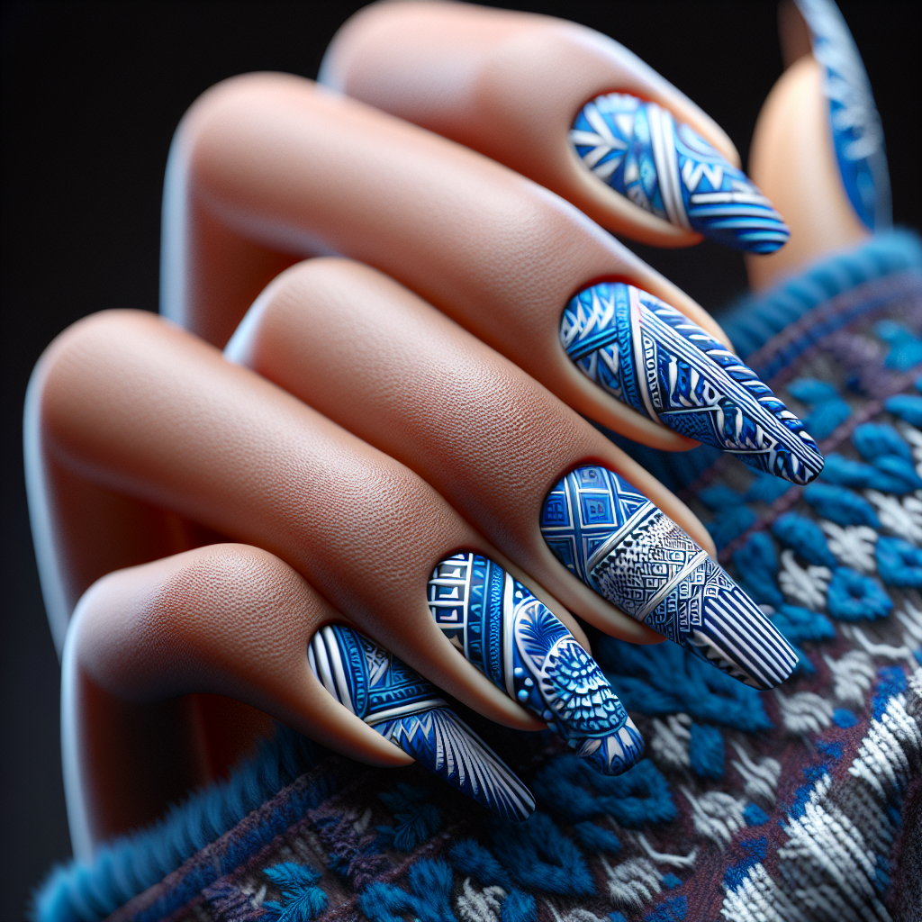 Bold blue with white and silver tribal patterns