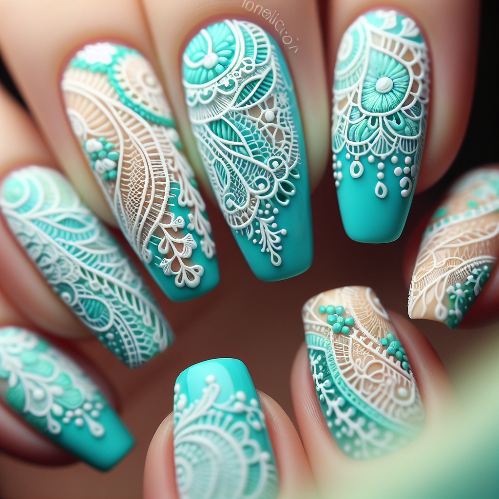 Turquoise nails with white lace patterns