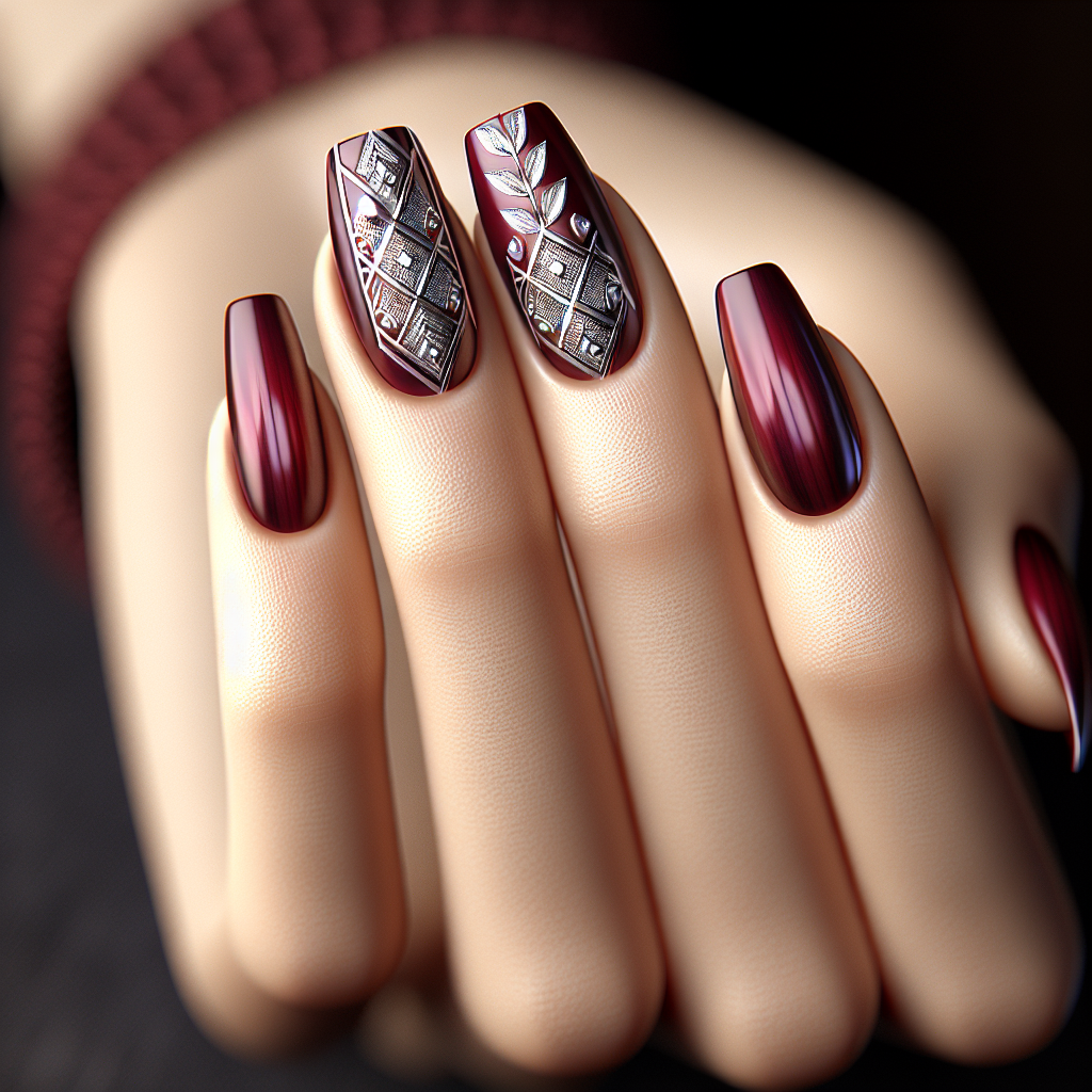 Burgundy red nails with silver patterns