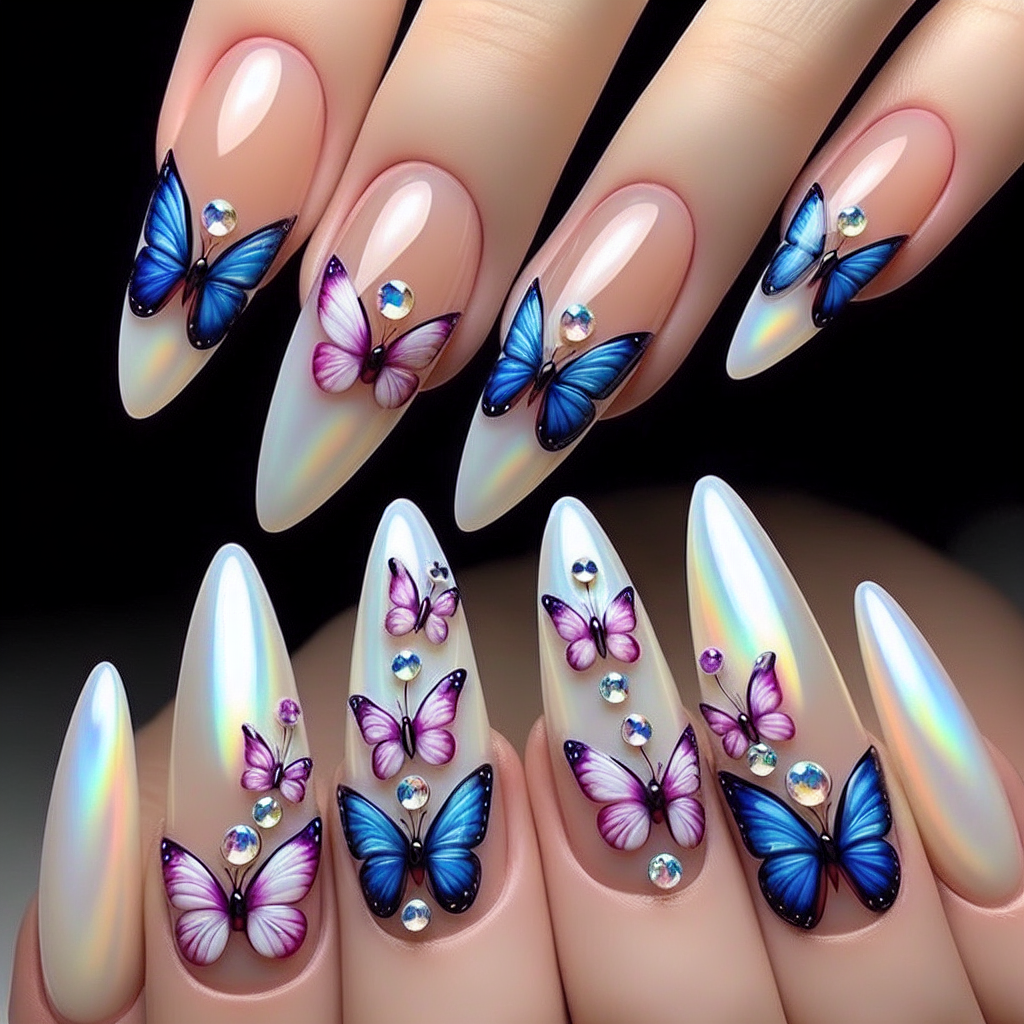 Almond nails with pearl base and butterflies