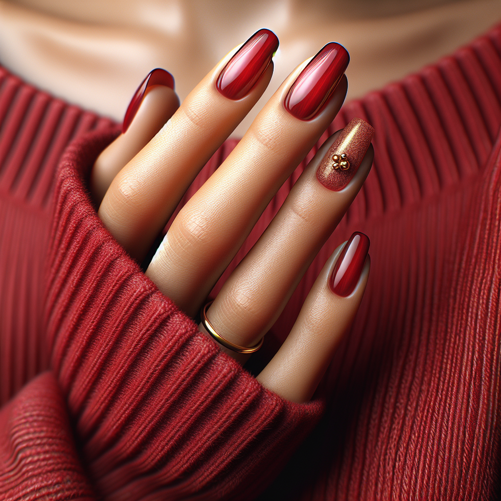 Classic red manicure with gold accent nail