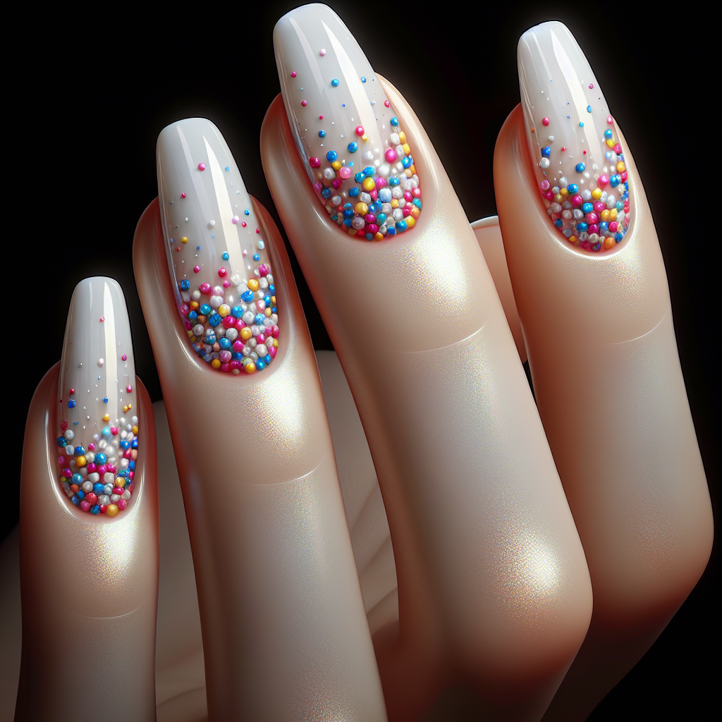 Festive white nails with colorful confetti dots.