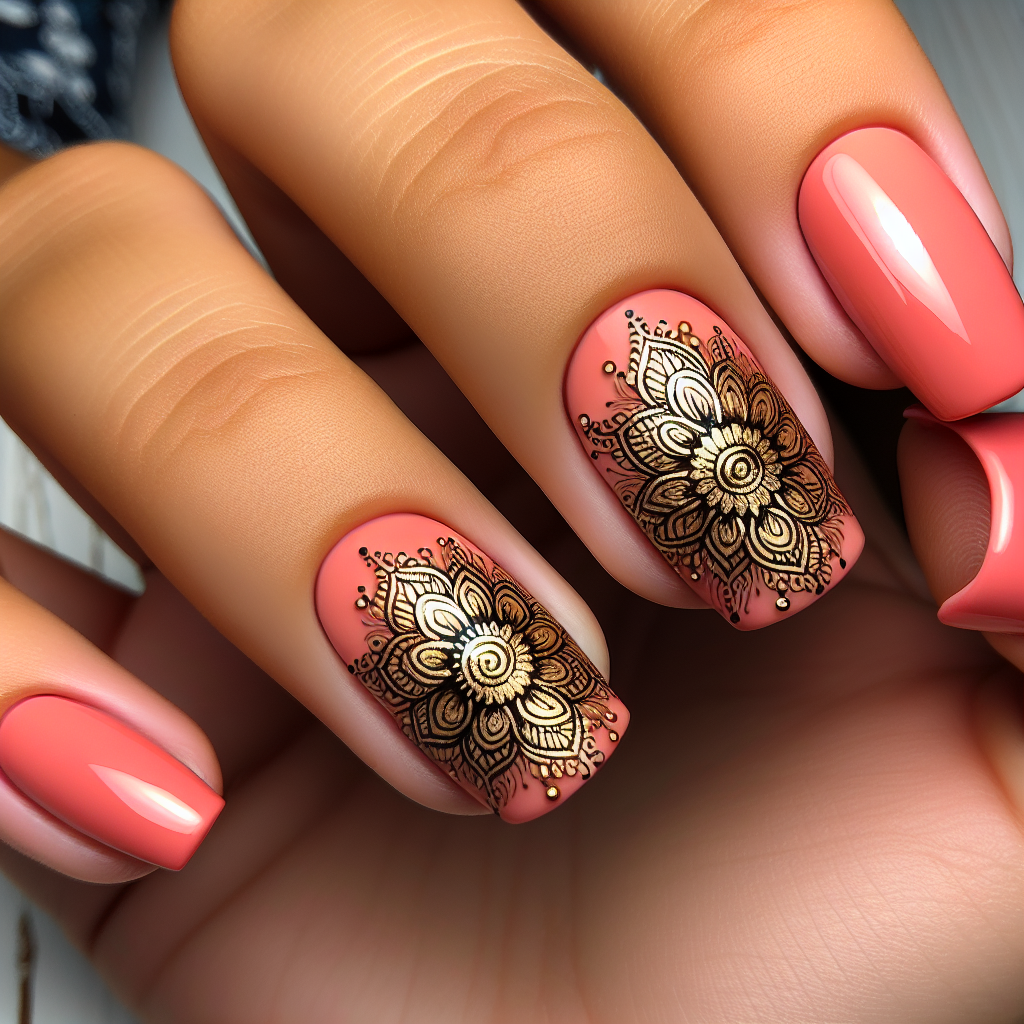 Coral nails with gold mandalas