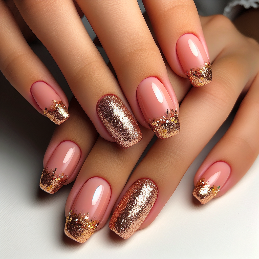 Light coral pink nails with gold tips