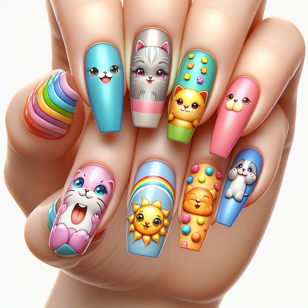 Hand with colorful cartoon nail art