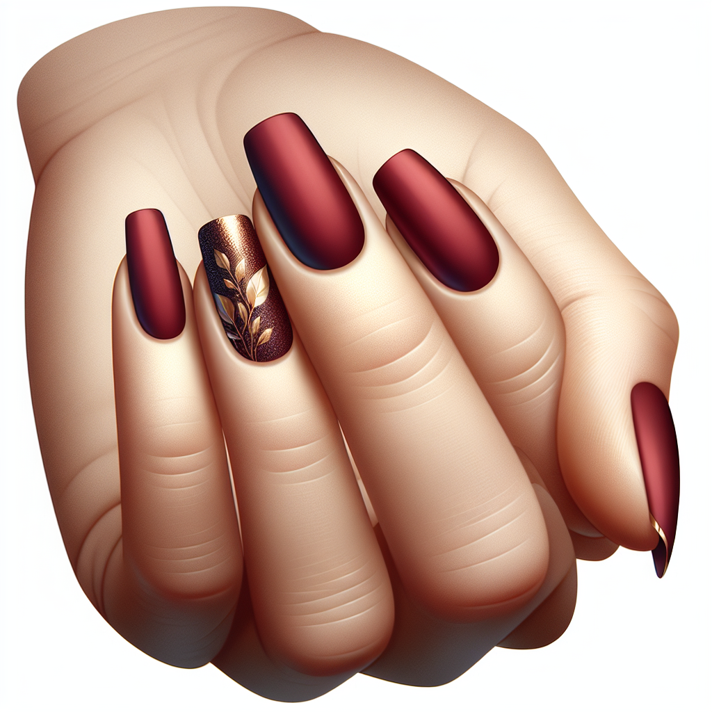 Dark red matte nails with gold foil