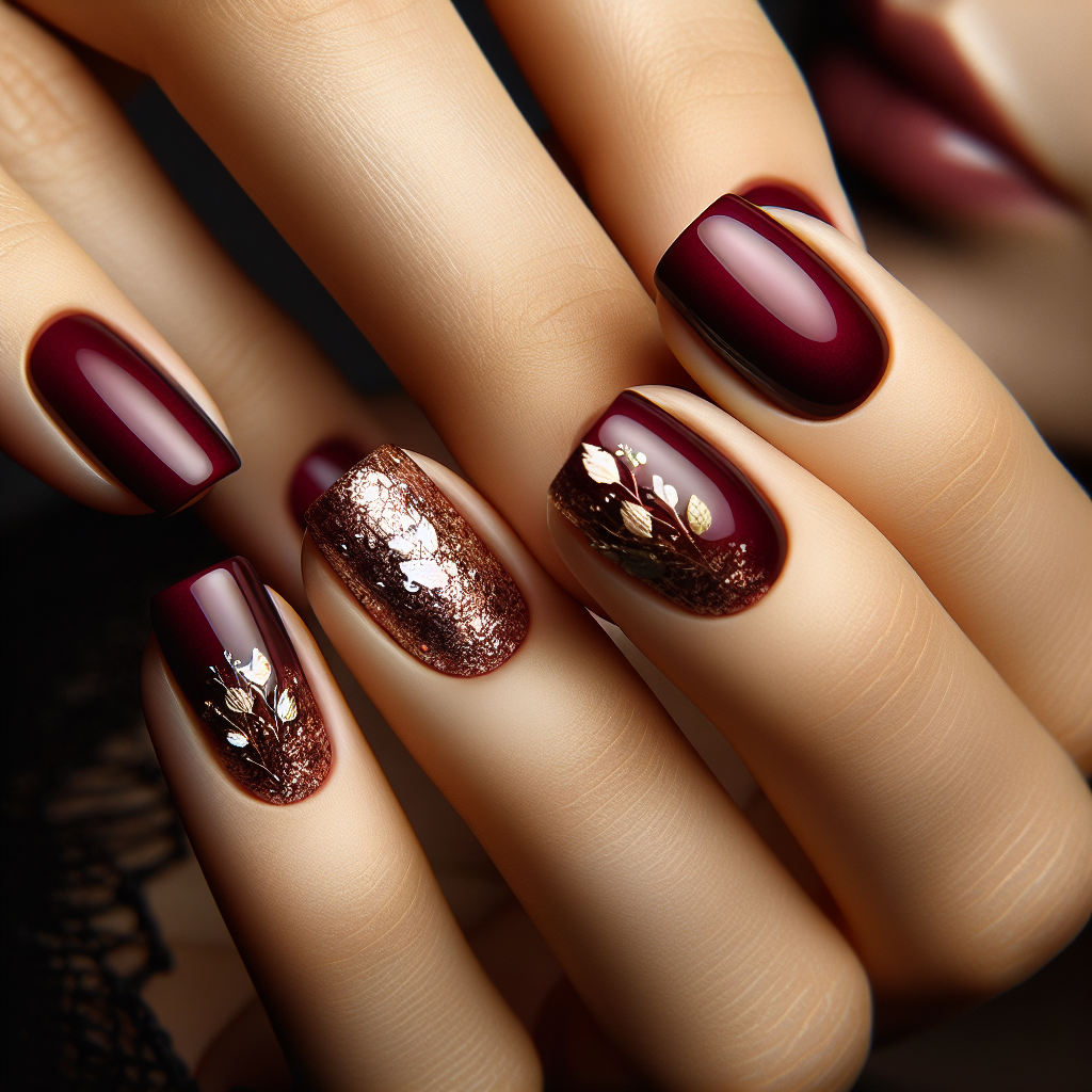 Deep burgundy nails with gold flakes