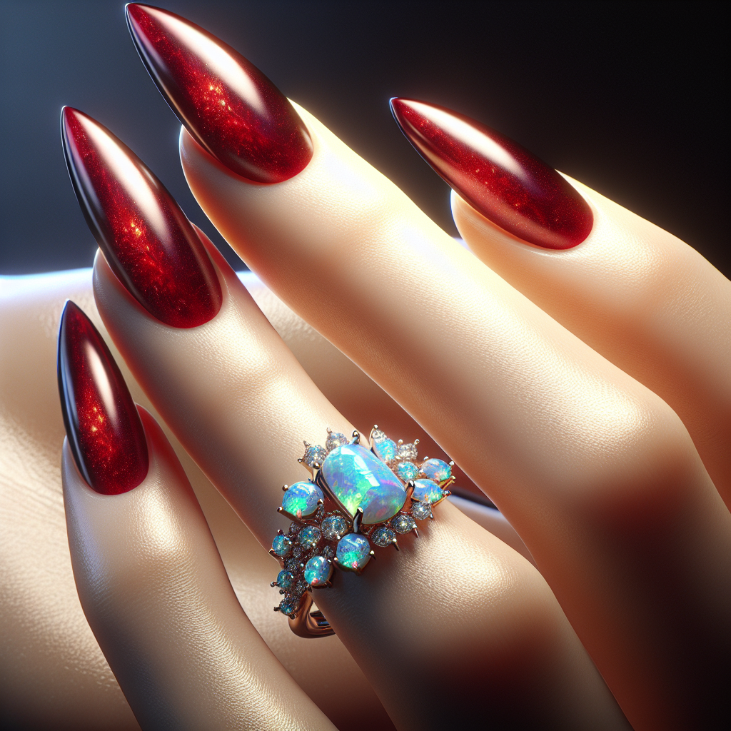 Deep red stiletto nails with opal gems