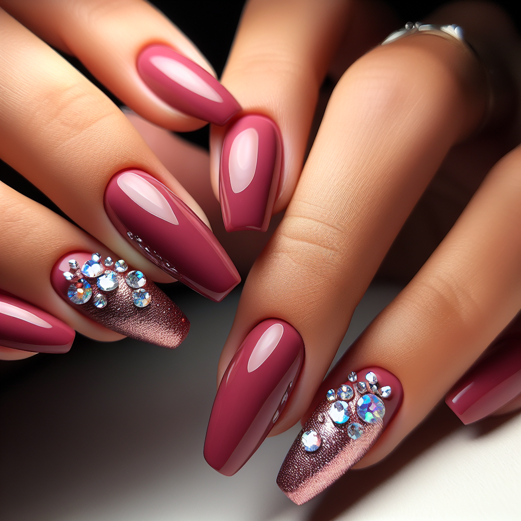 Deep rose pink nails with rhinestones