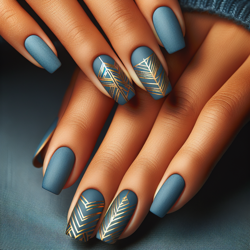 Denim blue with gold geometric lines.