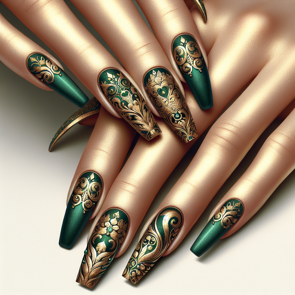 Emerald green ballerina nails with gold foil designs.