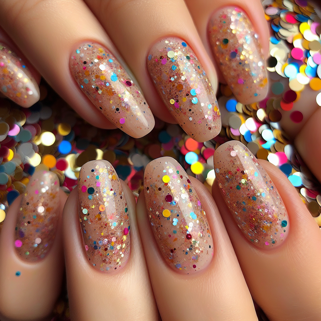 Festive nude nails with multicolored confetti glitter.