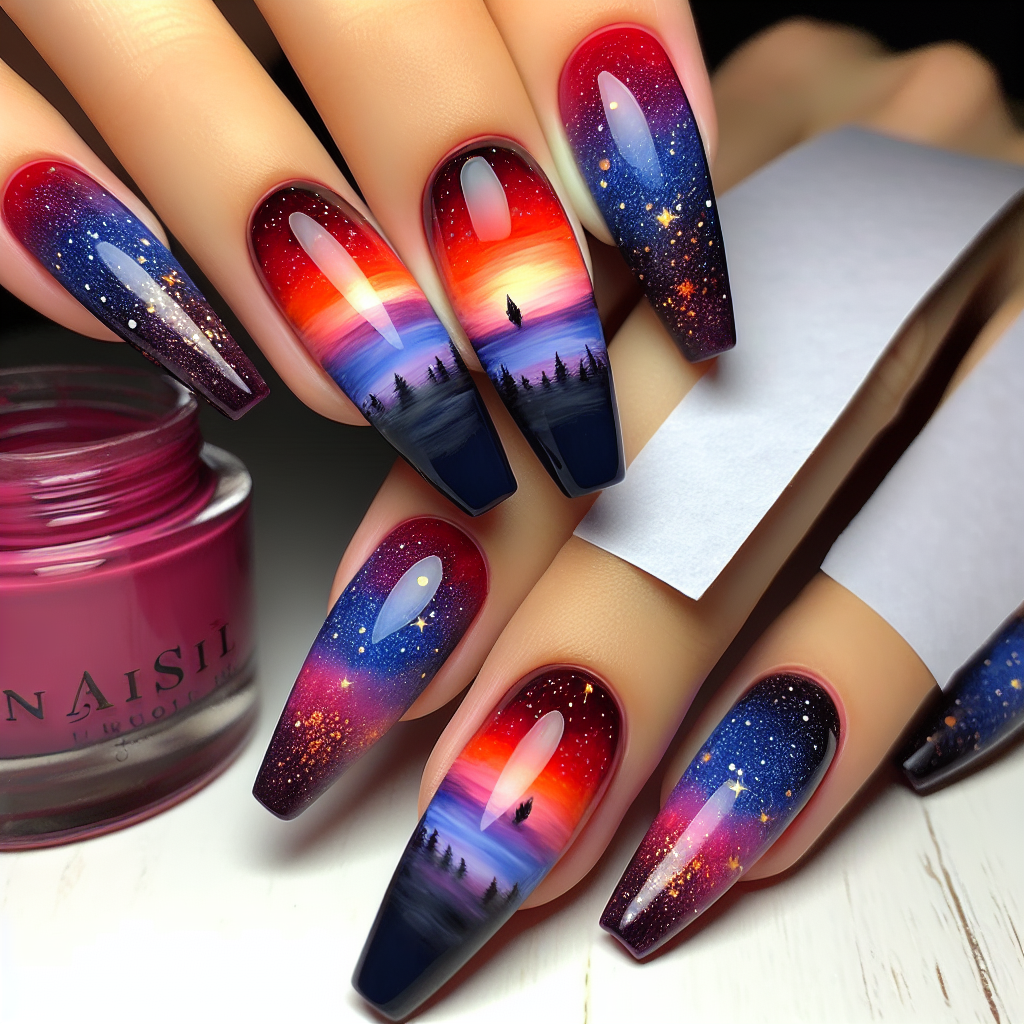 Ombre nails: red to indigo with gold flakes