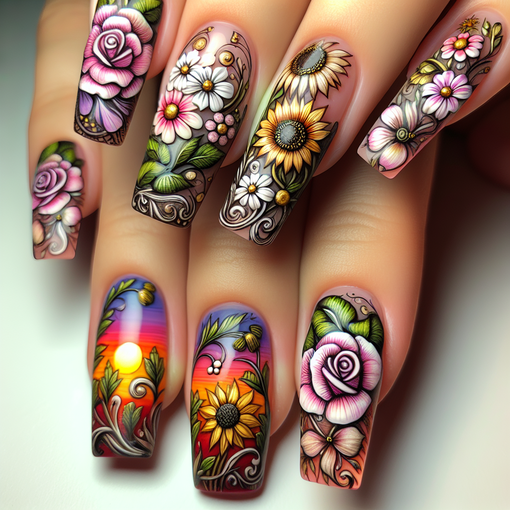 Floral nail art with sunset gradient