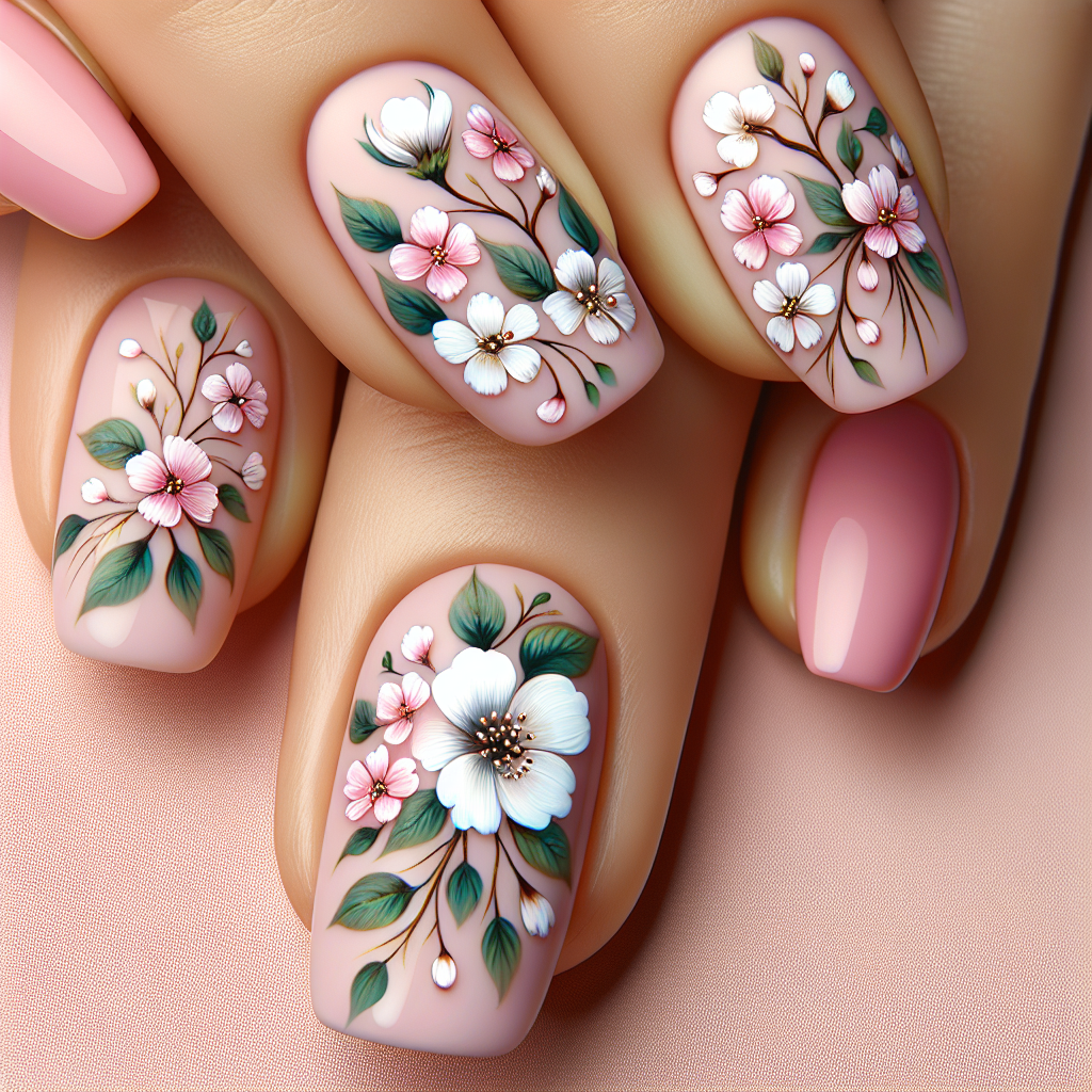 Alt tag: Floral pink nails with delicate white flowers