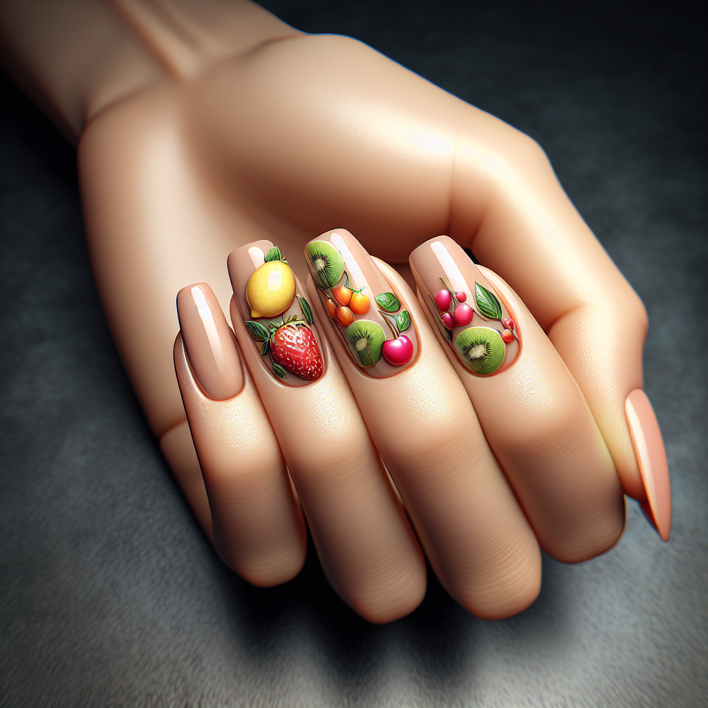 Hand with nude nails and fruit decals